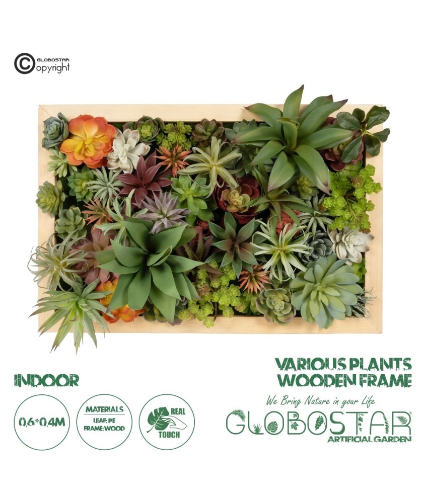 GloboStar® Artificial Garden VARIOUS PLANT 20642 Τεχνητό Διακοσμητικό Φυλλωσιάς σε Ξύλινο Πάνελ - Κάθετος Κήπος Μιξ Μ60 x Π40 x Υ20cm